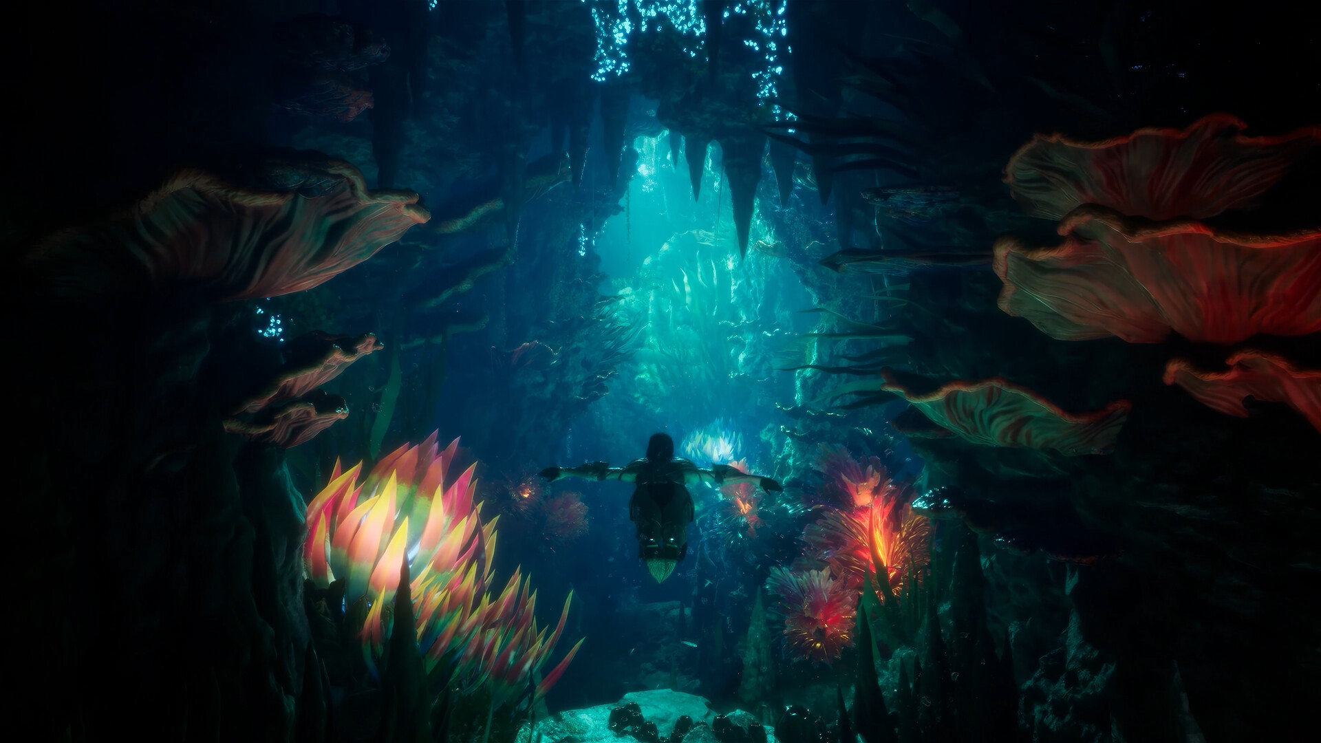 A Daeva exploring a luminous underwater cavern in AION 2