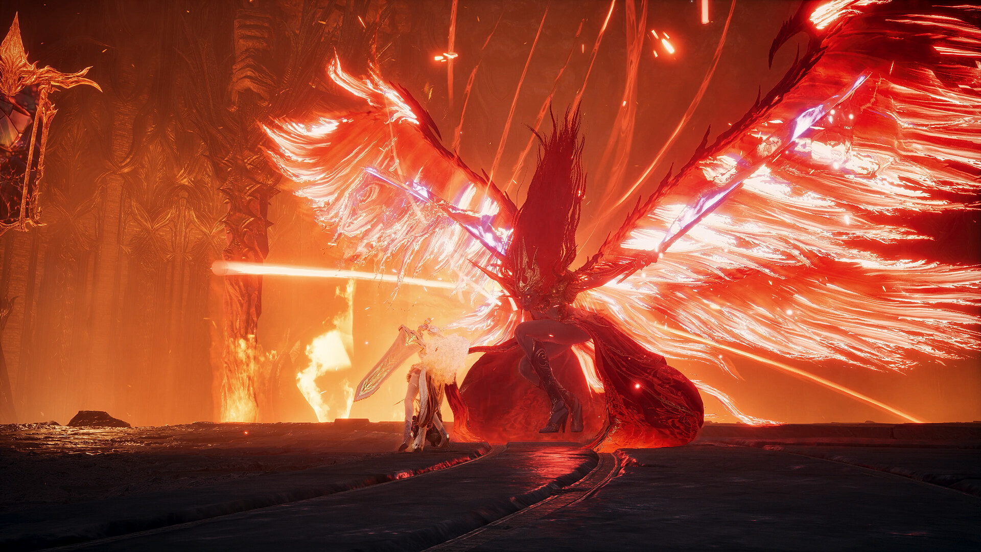 A Daeva facing a towering winged boss in AION 2