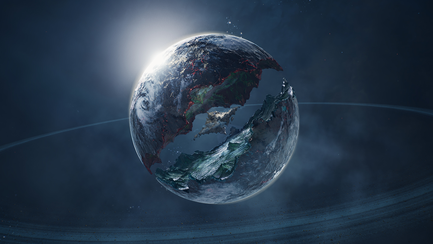 A Daeva overlooking the fractured world of AION 2 at dusk